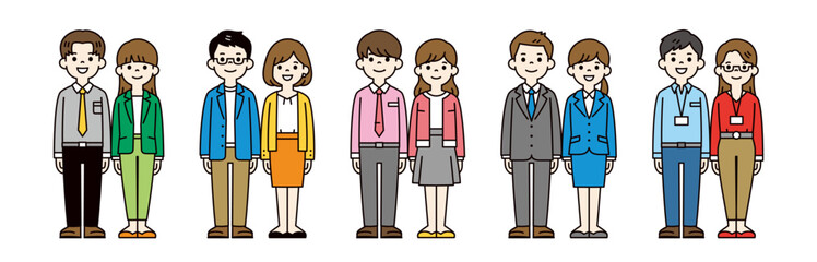 Fototapeta premium 若いビジネスパーソンの男女ペアの、カラフルな全身イラスト素材セット＿ベクター＿カラー