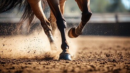 Dynamic horse hoof in motion on dirt track.