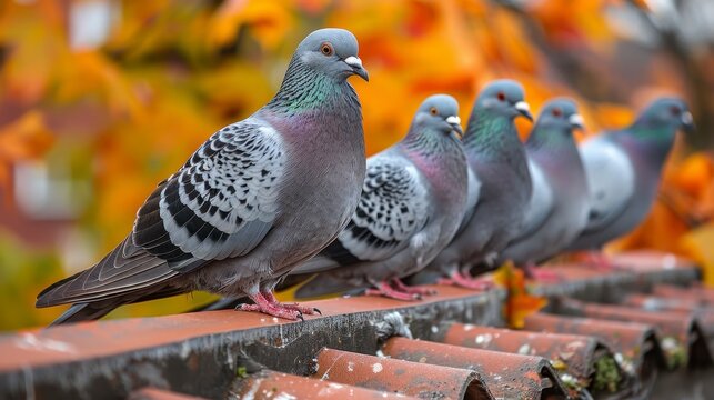 Row of five pigeons on a terracotta roof, with bright autumn foliage blurred in the background