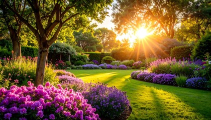 Fototapeta premium Lush garden at sunset