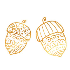 Vector hand drawn scribbles of a golden acorn are highlighted on a white background. Writing utensils texture. Handwritten autumn drawings. Freehand linear of a gold oak