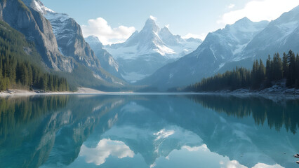 Fototapeta premium Crystal clear lake reflection. Snow-capped mountain scenery. Ultra-realistic nature photography. Breathtaking landscape views.