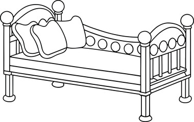 Children’s bed with pillows line art ideal for nursery decor and fun creative coloring page projects