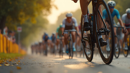 Cycling race perspective from lead rider. View through bike wheel of peloton. Ultra-realistic cycling race visuals. Capture the intensity of competitive cycling.