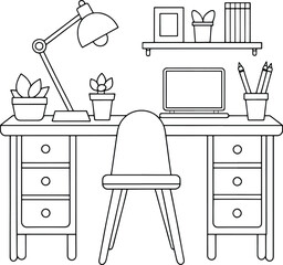 Home office desk setup with lamp and laptop ideal for creative workspace or learning environment visuals