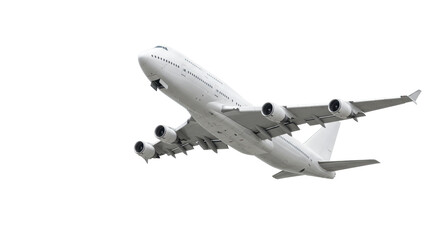 A large, modern, white wide-body passenger airplane resembling a Boeing 747, banking upwards mid-flight against an isolated transparent background with no shadows, showcasing precision and clean