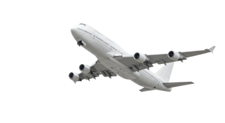 A large, modern, white wide-body passenger airplane resembling a Boeing 747, banking upwards mid-flight against an isolated transparent background with no shadows, showcasing precision and clean