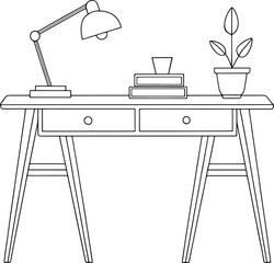 Stylish desk with lamp books and plant illustration ideal for creative focused workspace visuals
