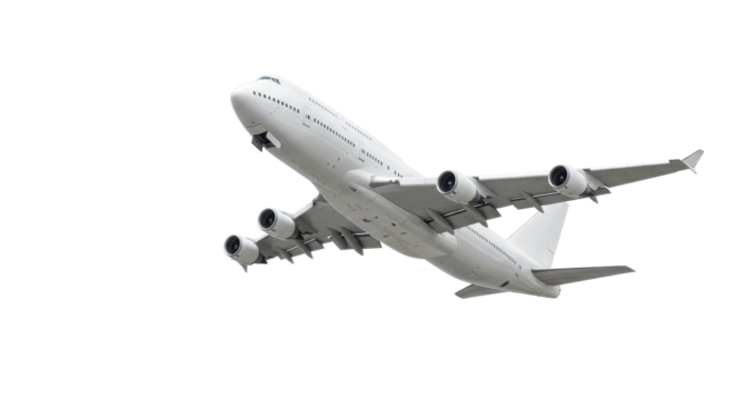 A large, modern, white wide-body passenger airplane resembling a Boeing 747, banking upwards mid-flight against an isolated transparent background with no shadows, showcasing precision and clean