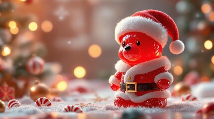 Adorable Gummy Bear Dressed as Santa Claus in Festive Christmas Setting