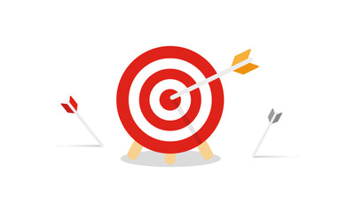 Many arrows missed hitting target mark. Shot miss. Multiple failed inaccurate attempts to hit archery target. Business challenge failure metaphor. Flat cartoon isolated vector object illustration © Mugini
