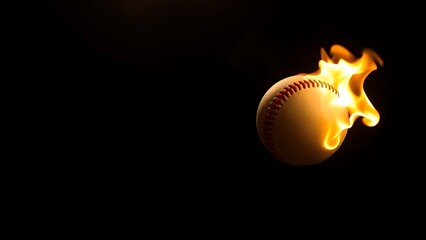 A flaming baseball suspended in darkness, creating a striking visual contrast.
