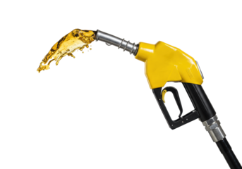 A close-up of a vibrant yellow and black gasoline pump nozzle with a reflective metallic spout, actively dispensing a thick stream of golden-brown liquid fuel with energetic splashes against a clean