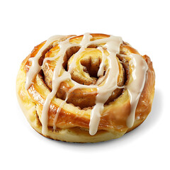 A freshly baked cinnamon roll topped with a generous drizzle of white icing, showcasing a golden-brown spiral texture.