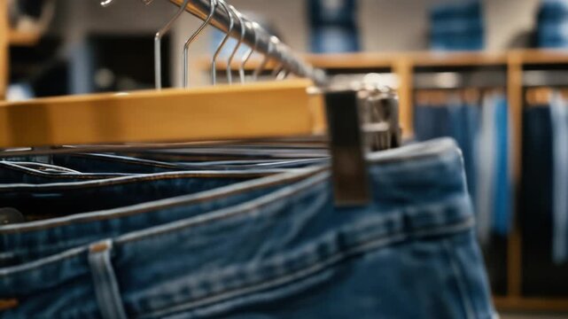 Rows of blue jeans hang on a clothing rack in a store, the focus is on the closest jeans, creating a blurred background effect, showcasing the texture and stitching details of the denim