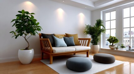 Living room with a couch, a potted plant, and a few other plants. The room is well-lit and has a cozy, inviting atmosphere