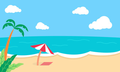 Tropical landscape of coast beautiful sea shore beach on good sunny day flat vector illustration, Creative background of landscape, panorama of sea and beach. Summer sale, post template