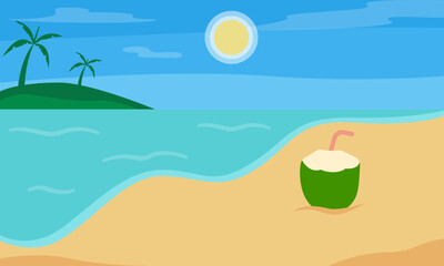 Tropical landscape of coast beautiful sea shore beach on good sunny day flat vector illustration, Creative background of landscape, panorama of sea and beach. Summer sale, post template