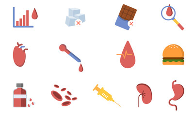 Diabetes flat vector elements set. Diabetes equipment icon collection. Insuline pump, glucometer, syringe, pen, lancet, test strips, insulin, blood, sugar, Heart. Concept of healthcare prevention