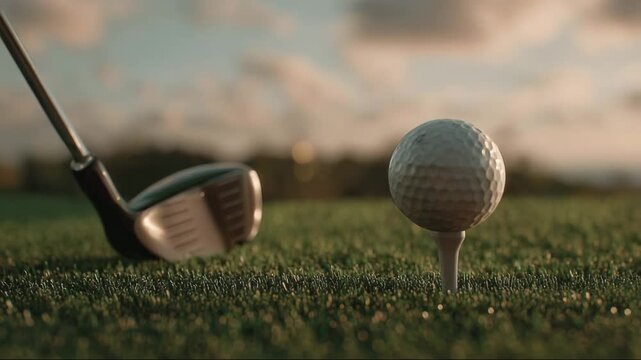 Golf club and ball on tee during sunset on grassy field  