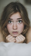 Fototapeta premium Inquisitive gaze of a Caucasian woman, embodying serendipity and mystery, reminiscent of National Puzzlers' League or Curious Events Day