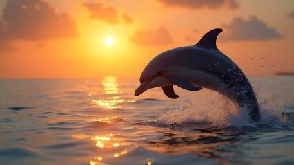 Fototapeta premium Dolphin jumping out of water. Sunset beach scene. Ultra realistic dolphin photography. Beautiful marine life sunset moments.