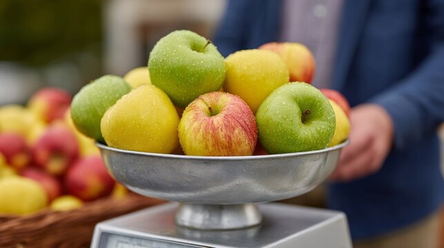 Weighing scales cradle autumn apples, harvest vibrancy, fiber-rich bounty at farmer's market, celebrating National Apple Day and Pomological pursuits