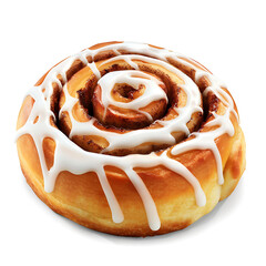 A freshly baked cinnamon roll topped with a generous drizzle of white icing, showcasing a golden-brown spiral texture.