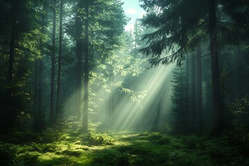 Fototapeta premium Sunlight Rays Through a Dense Pine Forest
