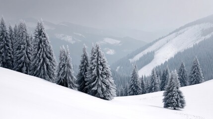Fototapeta premium Snow-laden firs whisper winter's secrets, conjuring Yule enchantment and Siberian Frost traditions amidst the serene alpine embrace