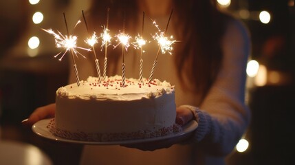 A delicious birthday cake with sparklers.