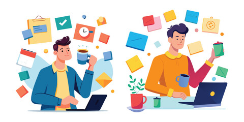 Creative Brainstorming Concept – Man Thinking with Sticky Notes and Coffee Cup – Office Planning and Idea Generation Vector Illustration