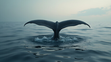 Obraz premium Whale tail disappearing into the ocean. Ultra realistic ocean scenes. Nature photography of whale tails. Majestic whales in their natural habitat.