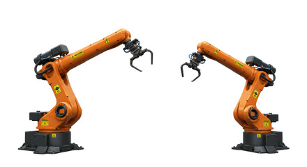 Two vibrant orange industrial robotic arms with black grippers, intricate cables, and warning symbols, posed on dark grey bases against a pristine transparent studio background with copy space, clean