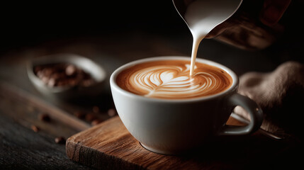 A woman creating a perfect cup of coffee at home. A close-up of a woman's hands pouring perfectly steamed milk to create beautiful latte art in a cup, a moment of personal craft.