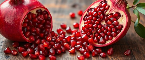 Juicy pomegranate seeds spilling from a cut fruit onto a wooden table, table, texture
