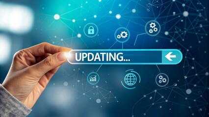 Close-up of human finger pressing a digital progress bar labeled Updating, floating in mid-air, surrounded by technology icons.