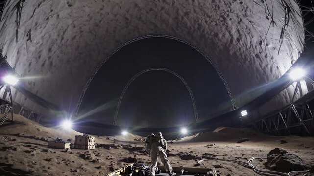 Experienced astronaut walking confidently on simulated lunar surface inside advanced research simulator, illuminated by powerful artificial lights under engineered dome like night sky