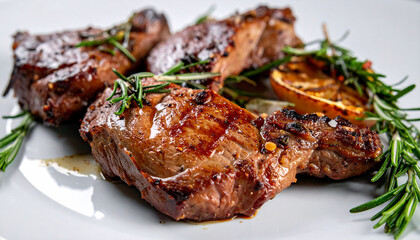 Appetizing grilled veal chops with rosemary sprigs. Tasty meat food. Delicious restaurant dish.