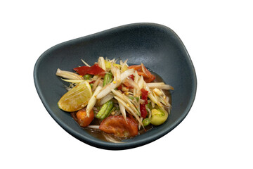 Zesty Papaya Salad: Vibrant close-up of the savory papaya salad with tomatoes and lime in a modern stylish bowl. A culinary exploration of fresh ingredients and flavors