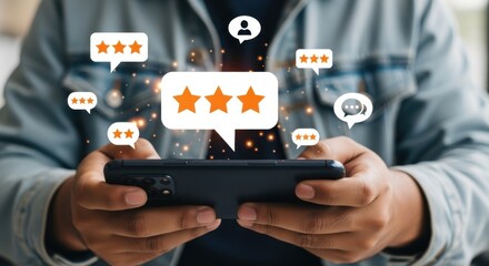 A person holds a smartphone displaying a star rating, surrounded by feedback bubbles and icons