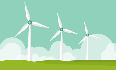 vector illustration of clean electric energy from renewable sources sun and wind. Power plant station buildings with solar panels and wind turbines on city skyline urban landscape background. © Mugini