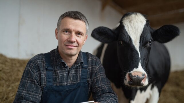 European male farmer shares a contemplative moment with his serenely inquisitive bovine, a nod to World Milk Day's pastoral charm