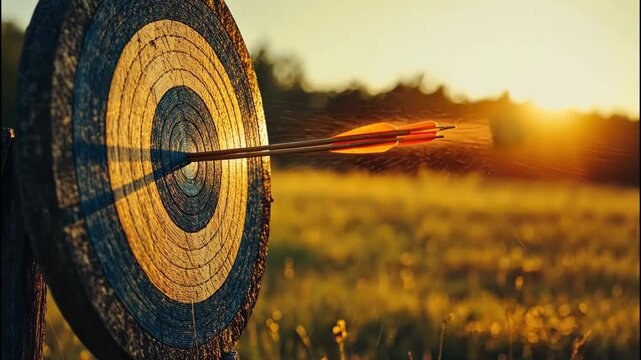 Archery target hit by an arrow during golden hour in an open field. 