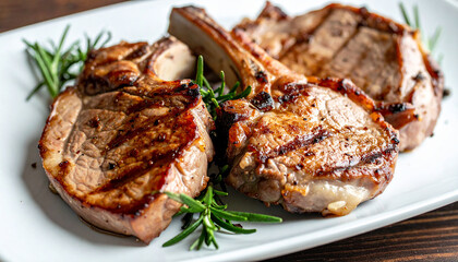 Appetizing grilled veal chops with rosemary sprigs. Tasty meat food. Delicious restaurant dish.