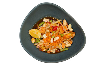 Som Tum: This photorealistic photo shows a vibrant Som Tum salad arranged artfully on a sleek black plate, garnished with a slice of lemon, offering a tantalizing glimpse into culinary delight.