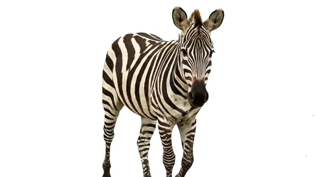 A single zebra with distinctive black and white stripes stands on a white background captured in a profile view with its head turned slightly towards the viewer