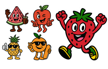 collection of five cheerful cartoon fruit characters, including a waving watermelon, a winking apple, an excited strawberry, a cool pineapple with sunglasses, and a chill orange with a surfboard.