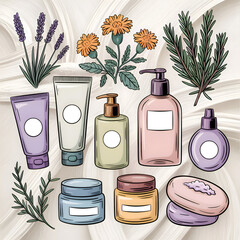 Modern Hand-Drawn Botanical Skincare and Cosmetic Products