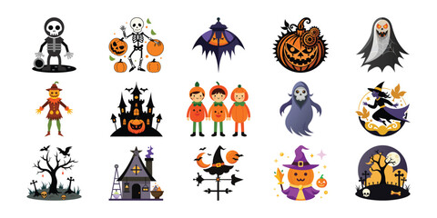 Naklejka premium Cheerful Halloween Cartoon Icons: Pumpkins, Skeletons, Ghosts, Witches, and Haunted Houses; Flat Vector Style. on white background 